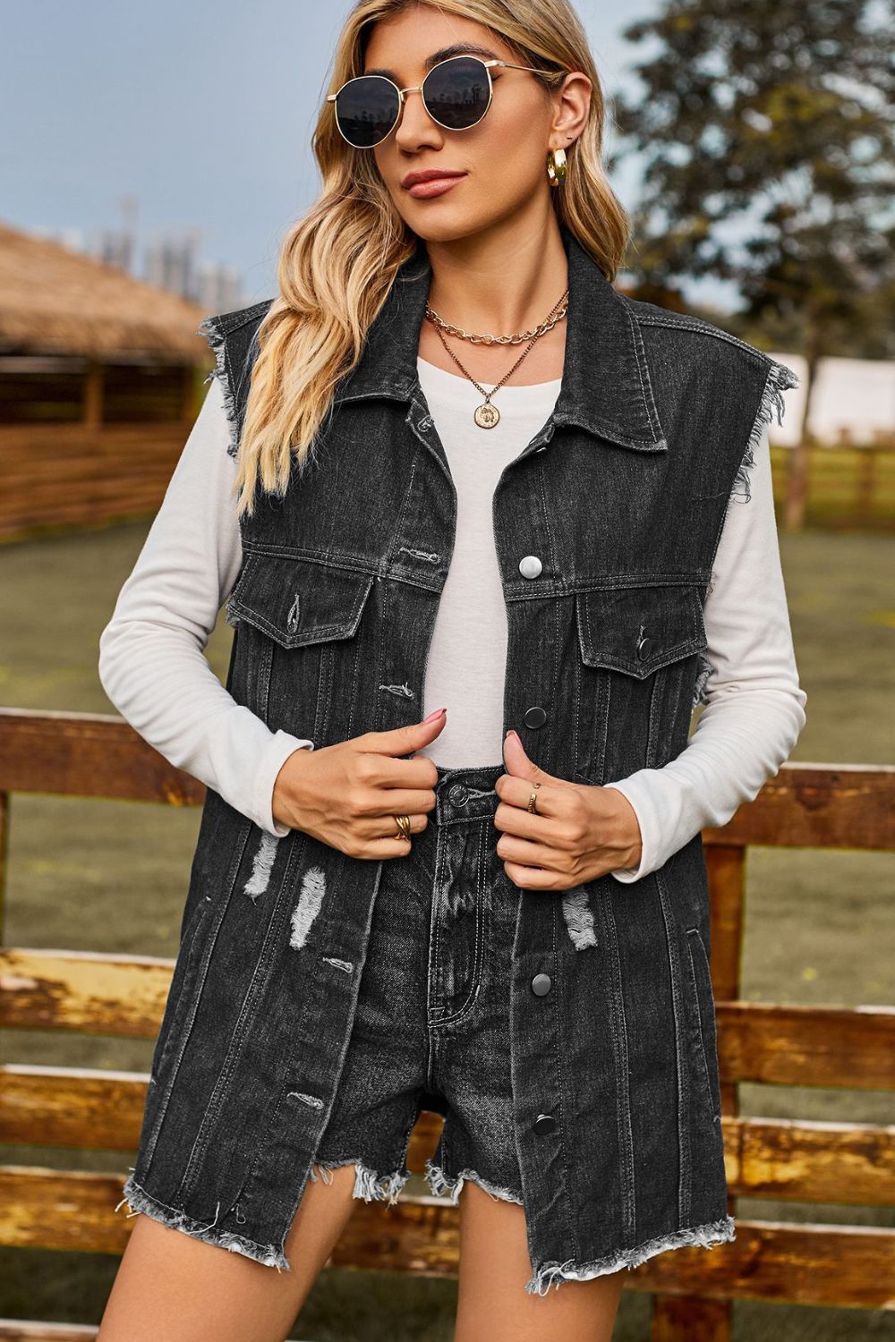 Sleeveless Button-Up Collared Denim Top with Pockets | Casual Distressed Top