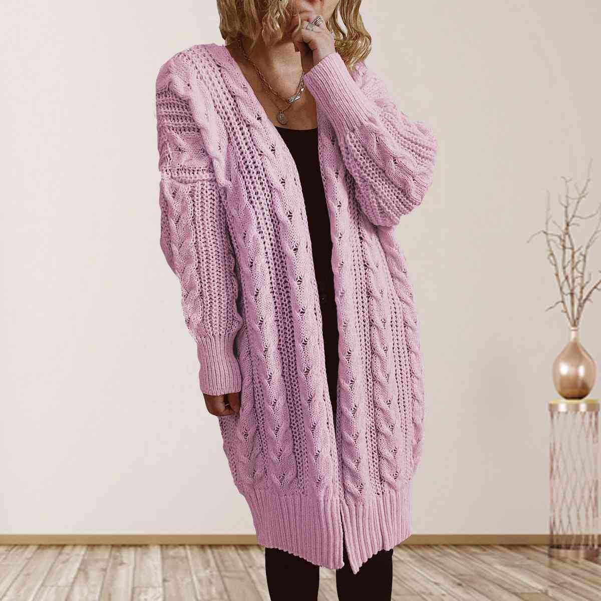 Cable-Knit Open Front Dropped Shoulder Cardigan | Warm Cardigan With Ribbed Hem