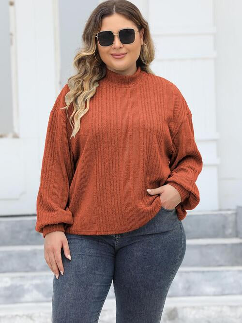 Plus Size Mock Neck Long Sleeve Knit Top | Polyester Top With Cuffed Sleeves