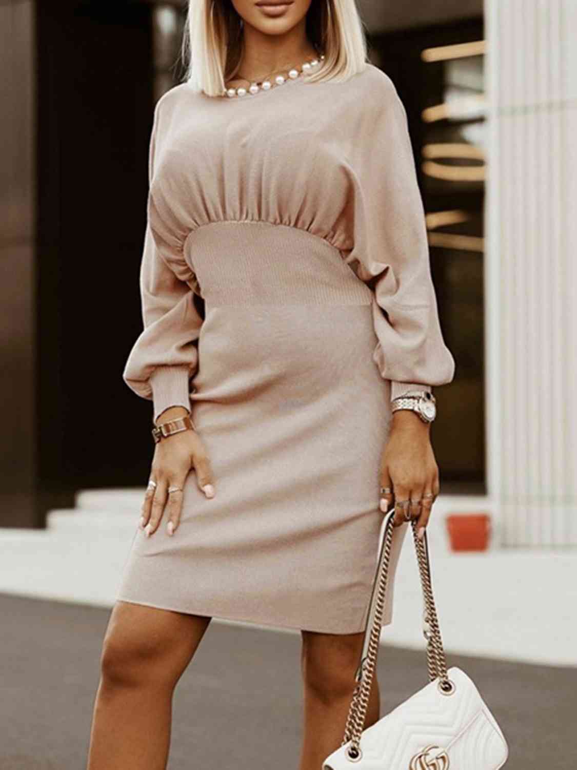 Round Neck Lantern Sleeve Dress | Formal Knee-Length Polyester Stretchy Dress