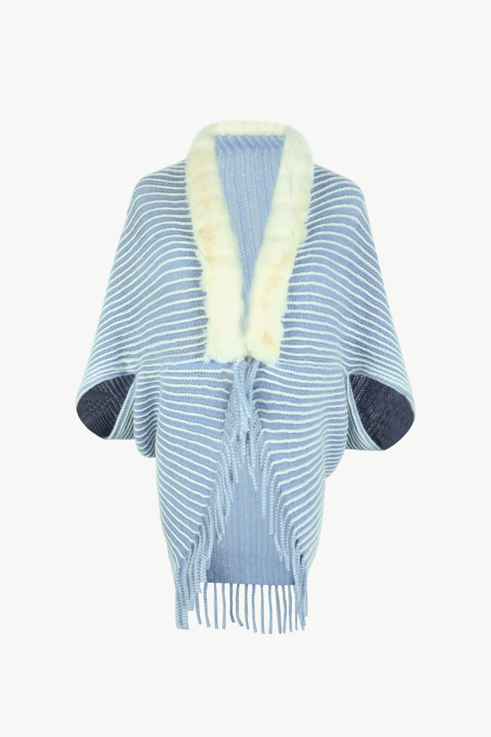 Striped Open Front Fringe Poncho | Casual Woman's Stretchy Polyester Poncho