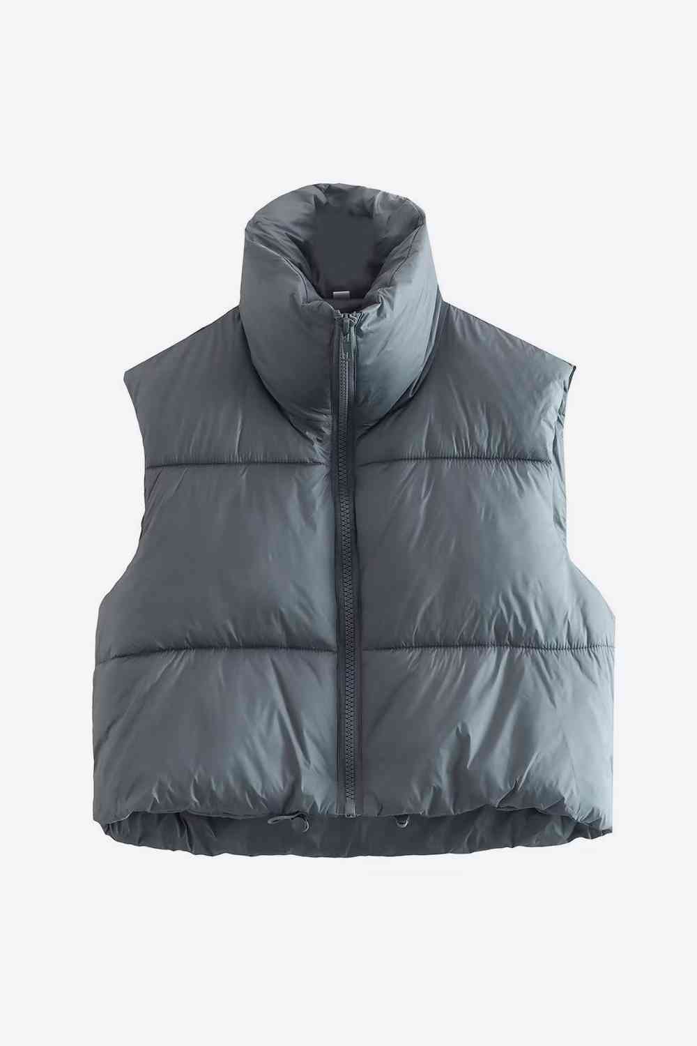 Zip-Up Drawstring Puffer Vest | Cropped Solid Band Collar Polyester Vest