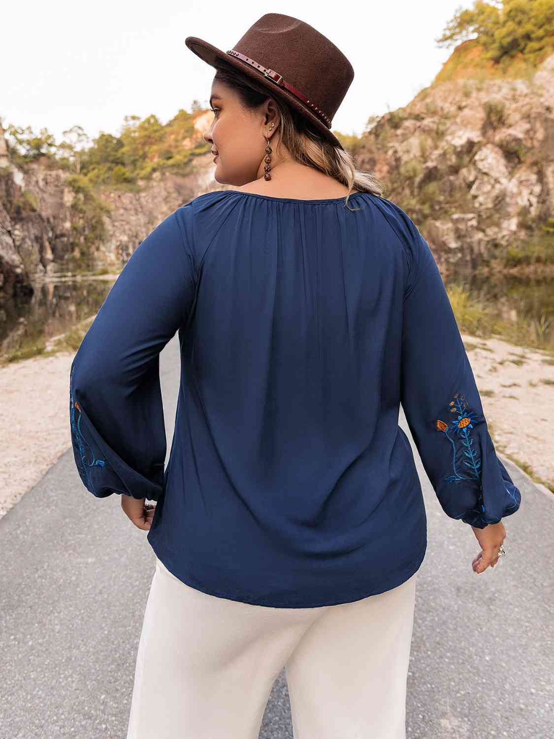 Plus Size Tie Neck Balloon Sleeve Top | Viscose Top With Embroidery