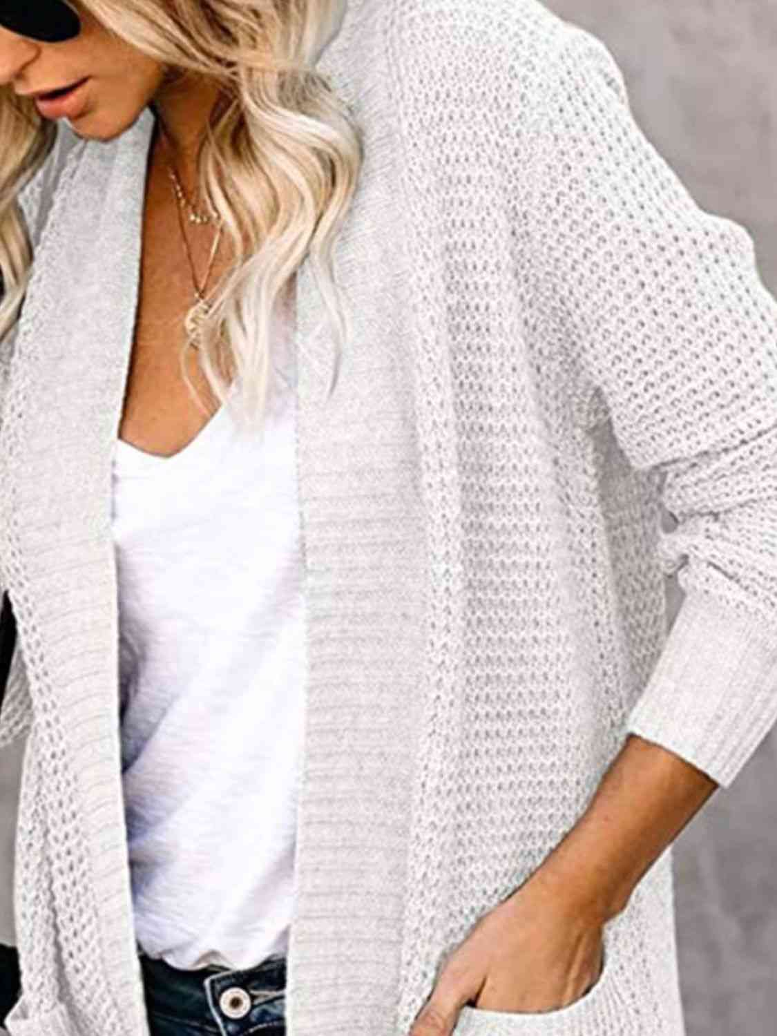Open Front Long Sleeve Cardigan | Casual Polyester Cardigan With Side Pockets