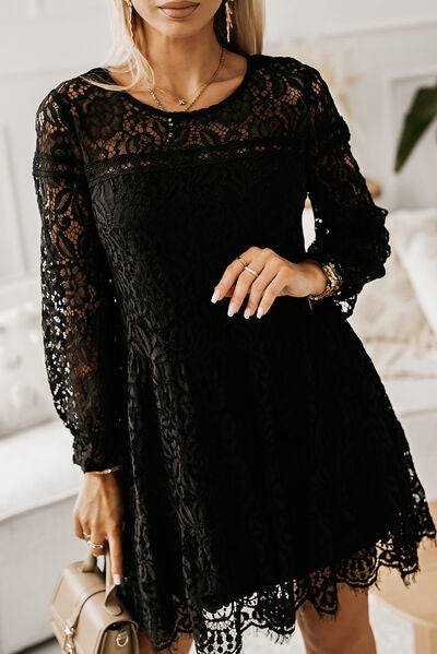 Lace Detail Round Neck Mini Dress | Formal Black Dress With Long Sleeves