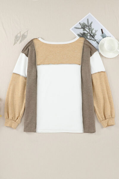 Color Block Exposed Seam Boat Neck Sweatshirt