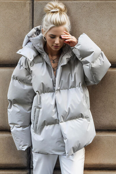 Pocketed Zip Up Hooded Puffer Jacket | Solid Polyester Jacket With Long Sleeves