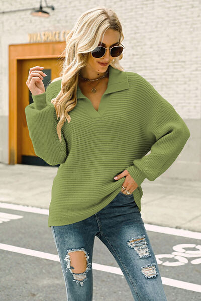 Ribbed Johnny Collar Pullover Sweater | Woman's Sweater With Cuffed Sleeves