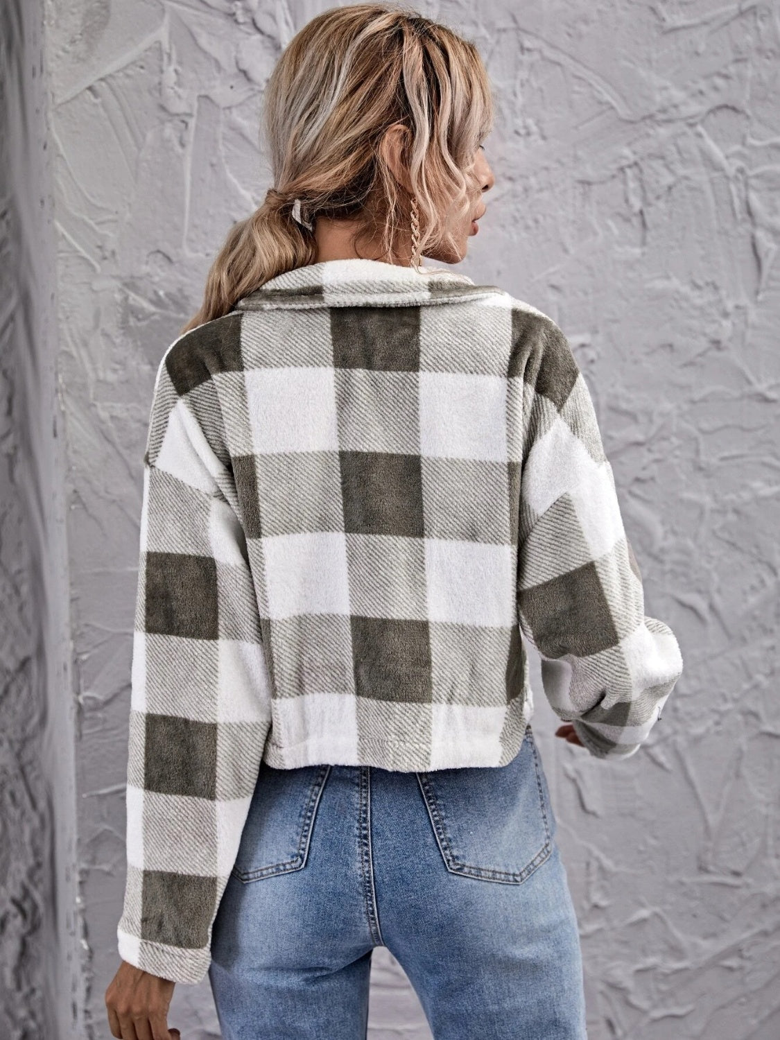 Plaid Button Down Collared Jacket | Casual Cropped Polyester Jacket With Pockets