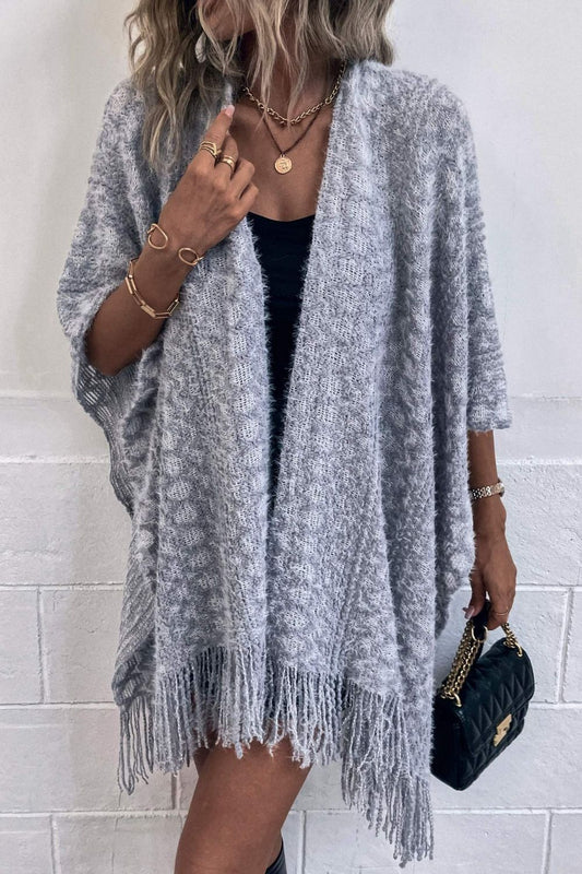 Open Front Fringe Hem Poncho | Casual Woman's Polyester Stretchy Poncho