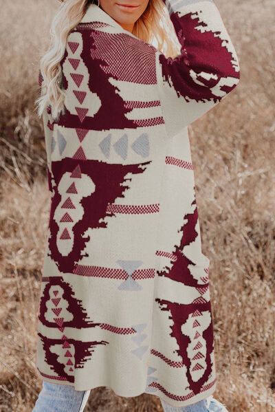 Geometric Open Front Pocketed Cardigan | Acrylic Cardigan With Single Button