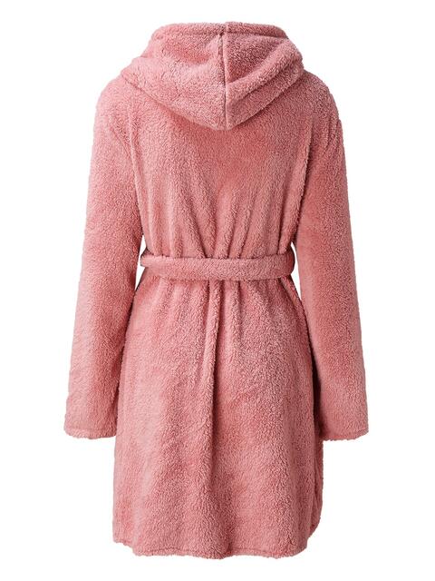 Tie Waist Hooded Robe | Soft Solid Stretched Polyester Robe With Pockets