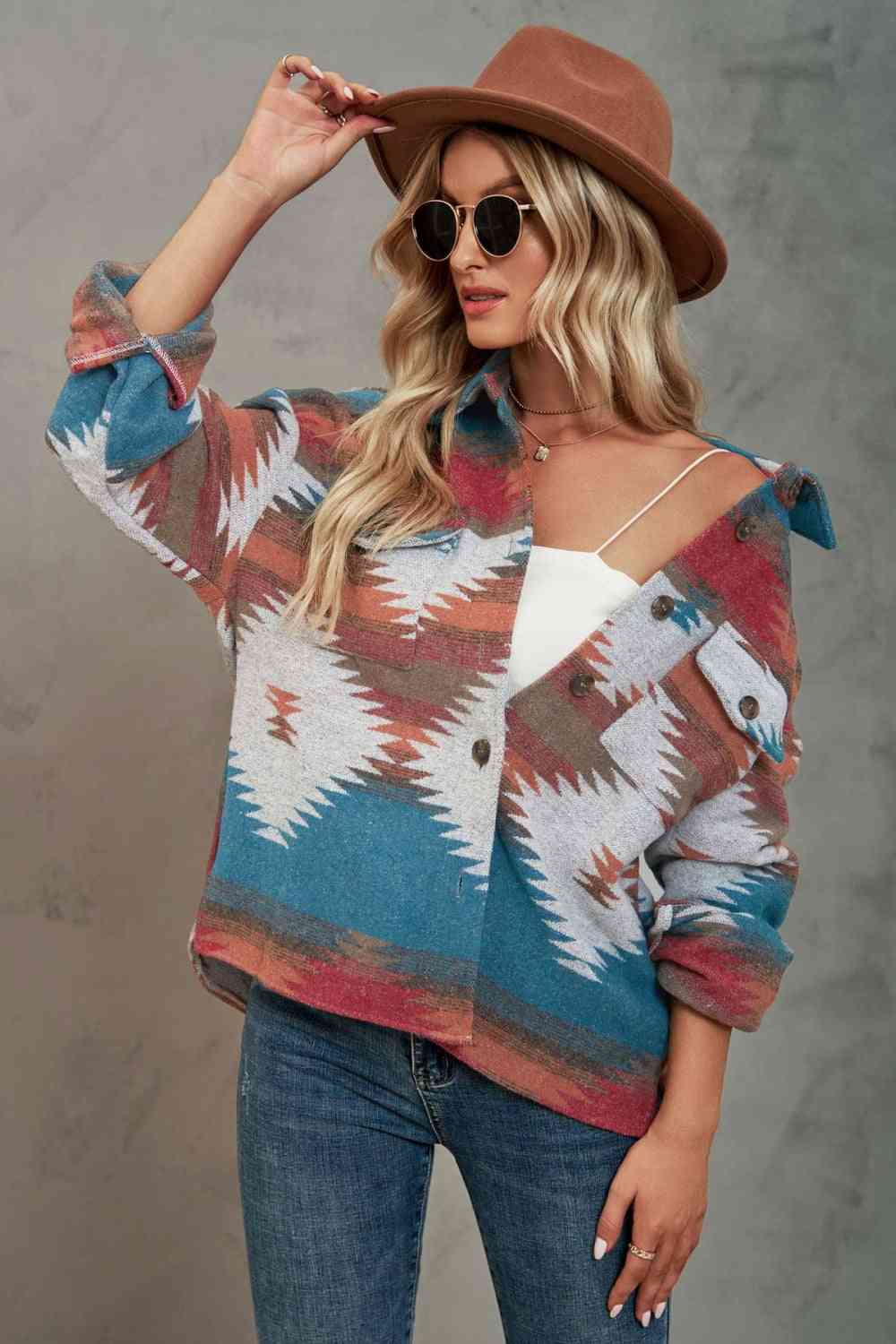 Printed Collared Neck Jacket | Casual Multicolored Jacket With Button Closure