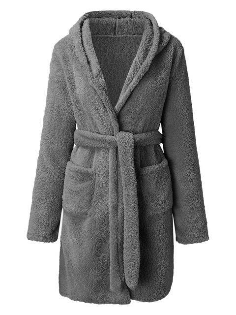 Tie Waist Hooded Robe | Soft Solid Stretched Polyester Robe With Pockets