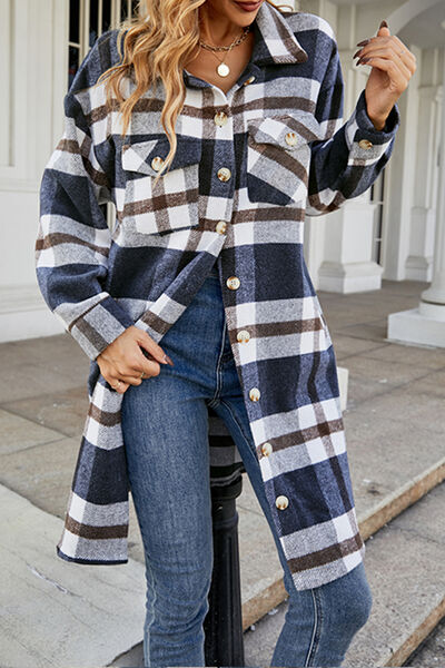 Plaid Button Up Collared Neck Coat with Pockets | Long Sleeves Polyester Coat