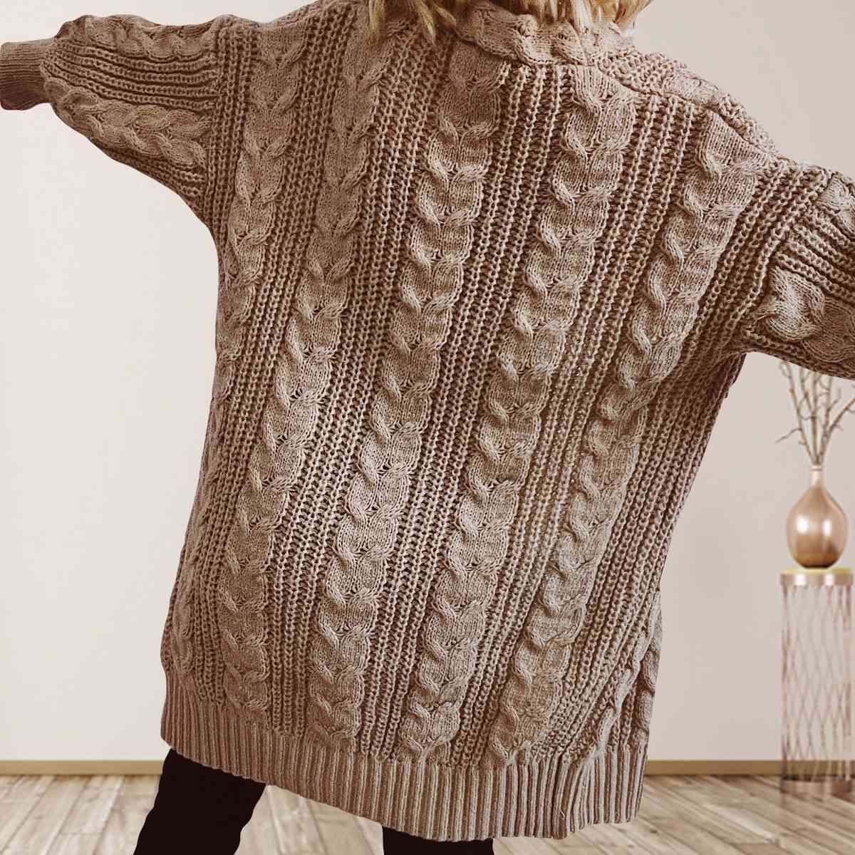 Cable-Knit Open Front Dropped Shoulder Cardigan | Warm Cardigan With Ribbed Hem