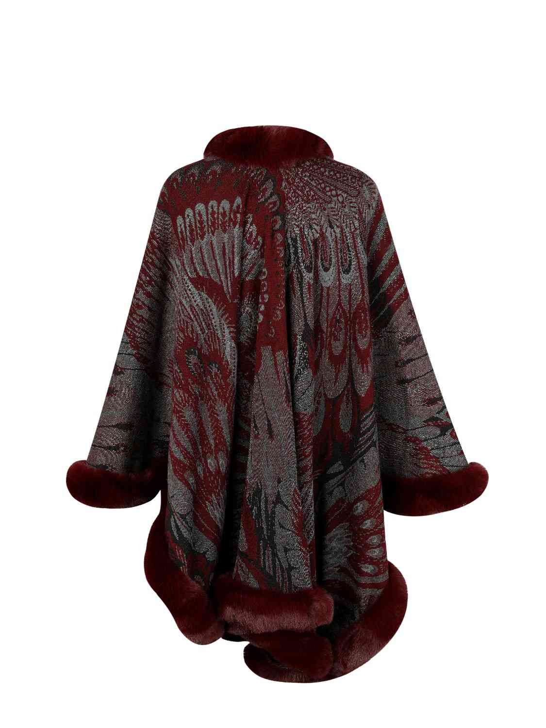 Printed Open Front Poncho | Casual Woman's Acrylic Poncho With Fur Detail