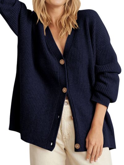 Button Up Long Sleeve Cardigan | Casual Drop Shoulder Polyester Cardigan