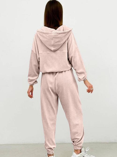 Half Zip Drawstring Hoodie and Pants Set | Polyester Set With Waistband Pants