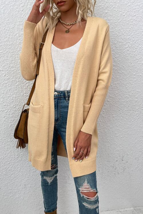 Open Front Long Sleeve Cardigan with Pockets | Casual Cardigan With Ribbed Hem