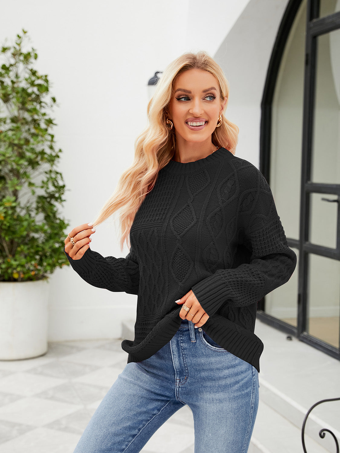 Round Neck Dropped Shoulder Sweater | Solid Acrylic Sweater With Long Sleeves