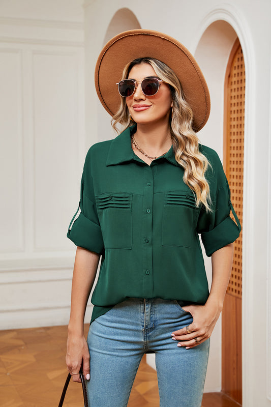 Dropped Shoulder Collared Shirt | Polyester Woman's Shirt With Long Sleeves