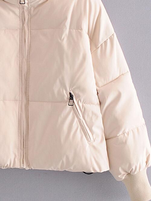 Zip Up Drawstring Winter Coat with Pockets | Polyester Coat With High Neckline