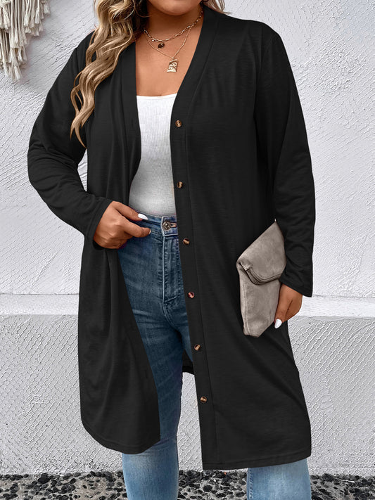 Plus Size Button Down Longline CardiganPlus Size Button Down Longline Cardigan | Polyester Cardigan With Long Sleeves
