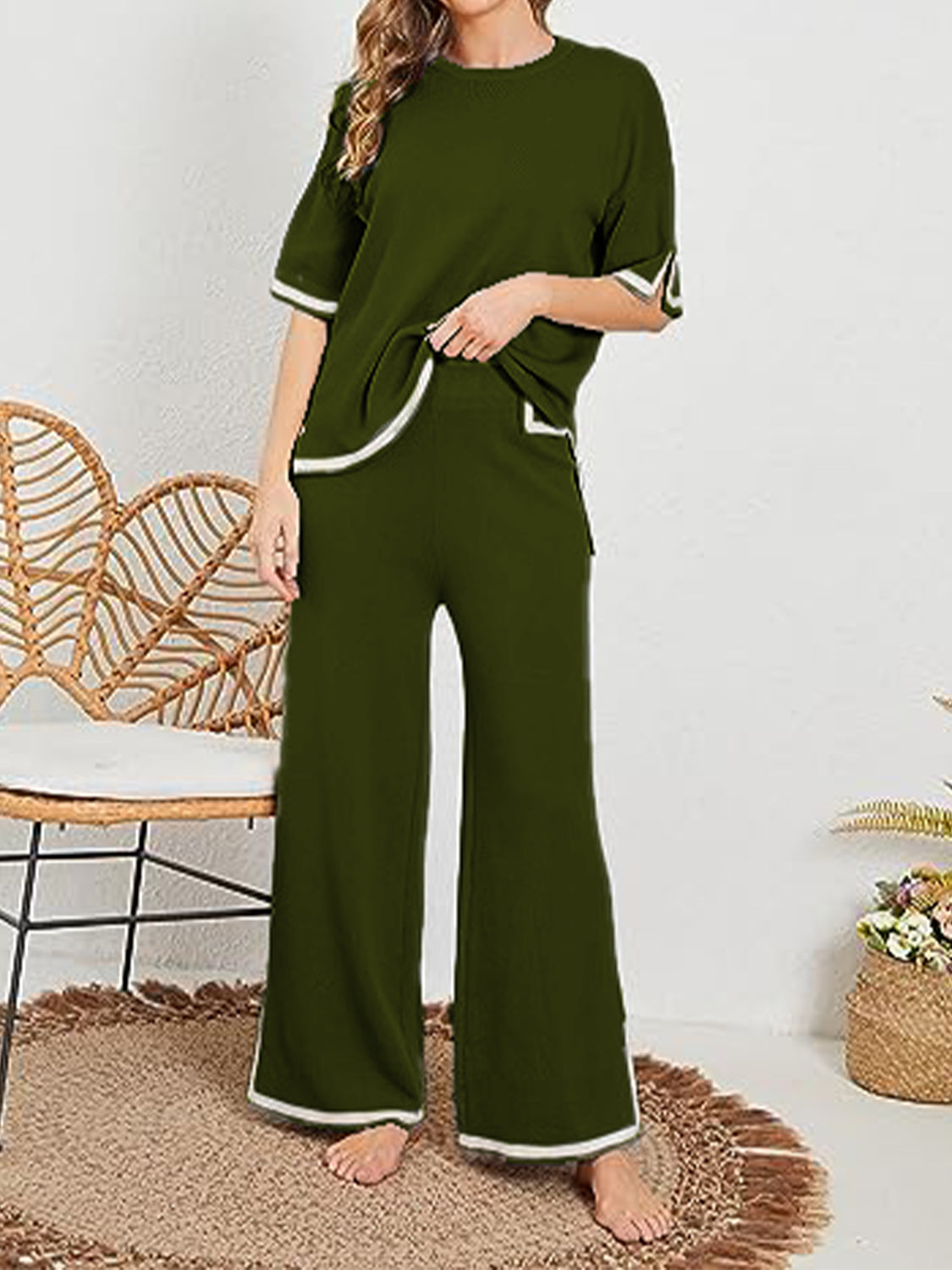 Contrast High-Low Sweater and Knit Pants Set