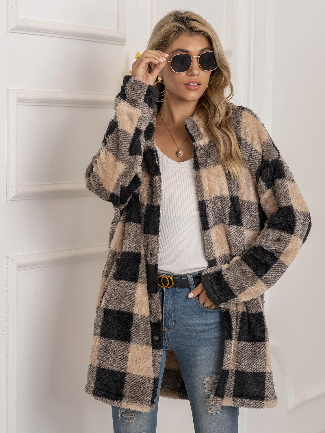 Plaid Collared Neck Longline Coat | Coat With Clasp Closure & Long Sleeves