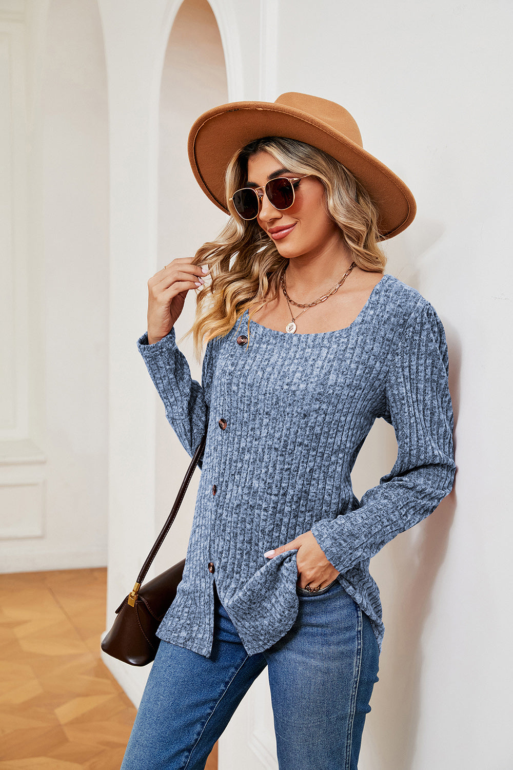 Decorative Button Slit Square Neck Top | Casual Ribbed Top With Long Sleeves