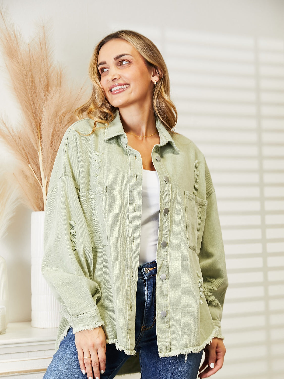 Distressed Raw Hem Denim Jacket | Casual Solid Pocketed Jacket With Collar Neck