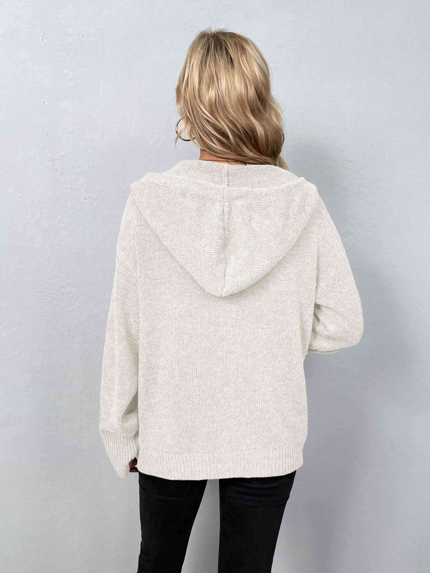 Button-Down Long Sleeve Hooded Sweater | Solid Sweater With Ribbed Cuffs