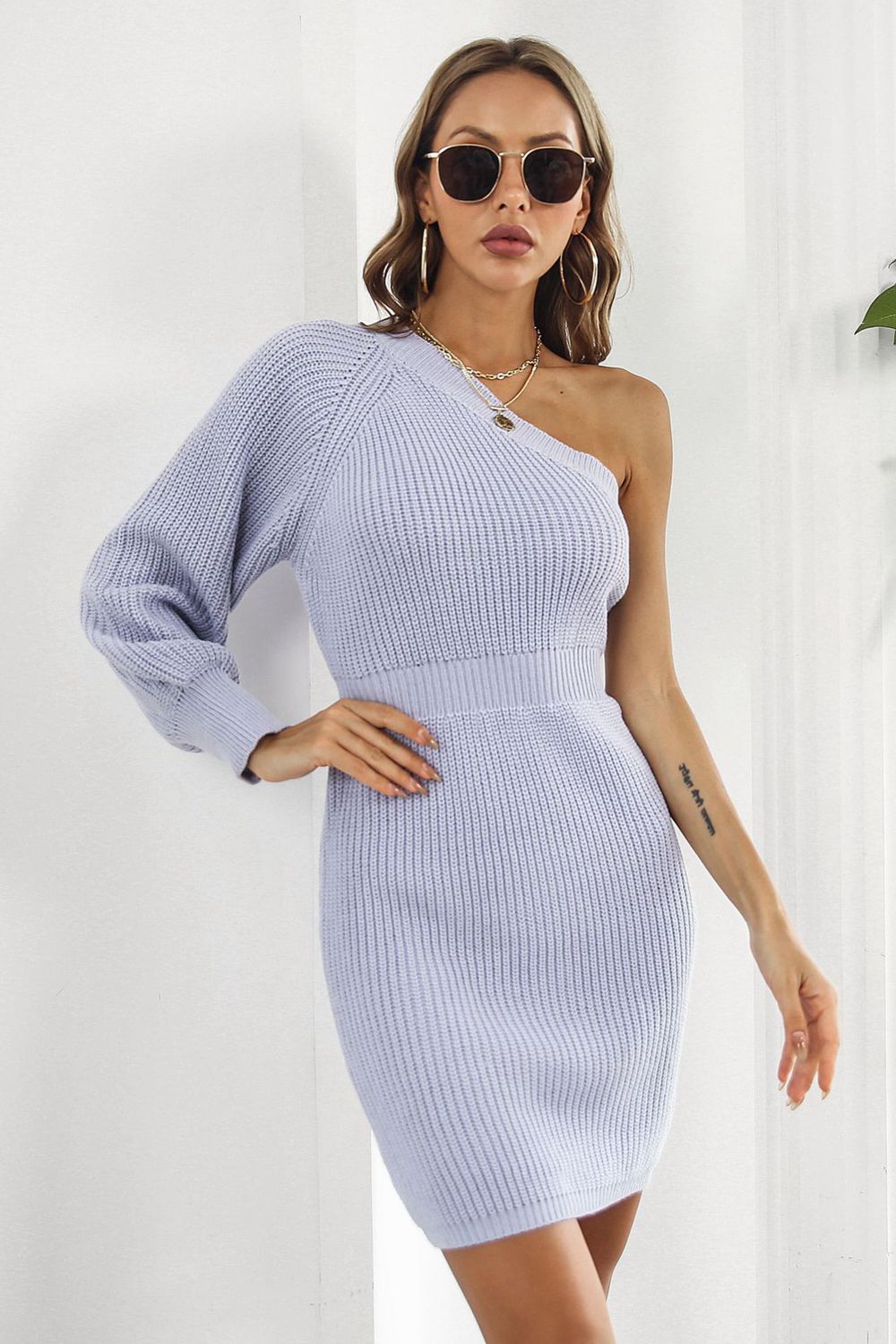 One Shoulder Raglan Sleeve Pencil Sweater Dress | Solid Acrylic Ribbed Dress