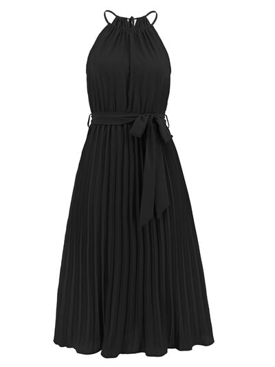 Pleated Spaghetti Strap Tie Waist Midi Dress