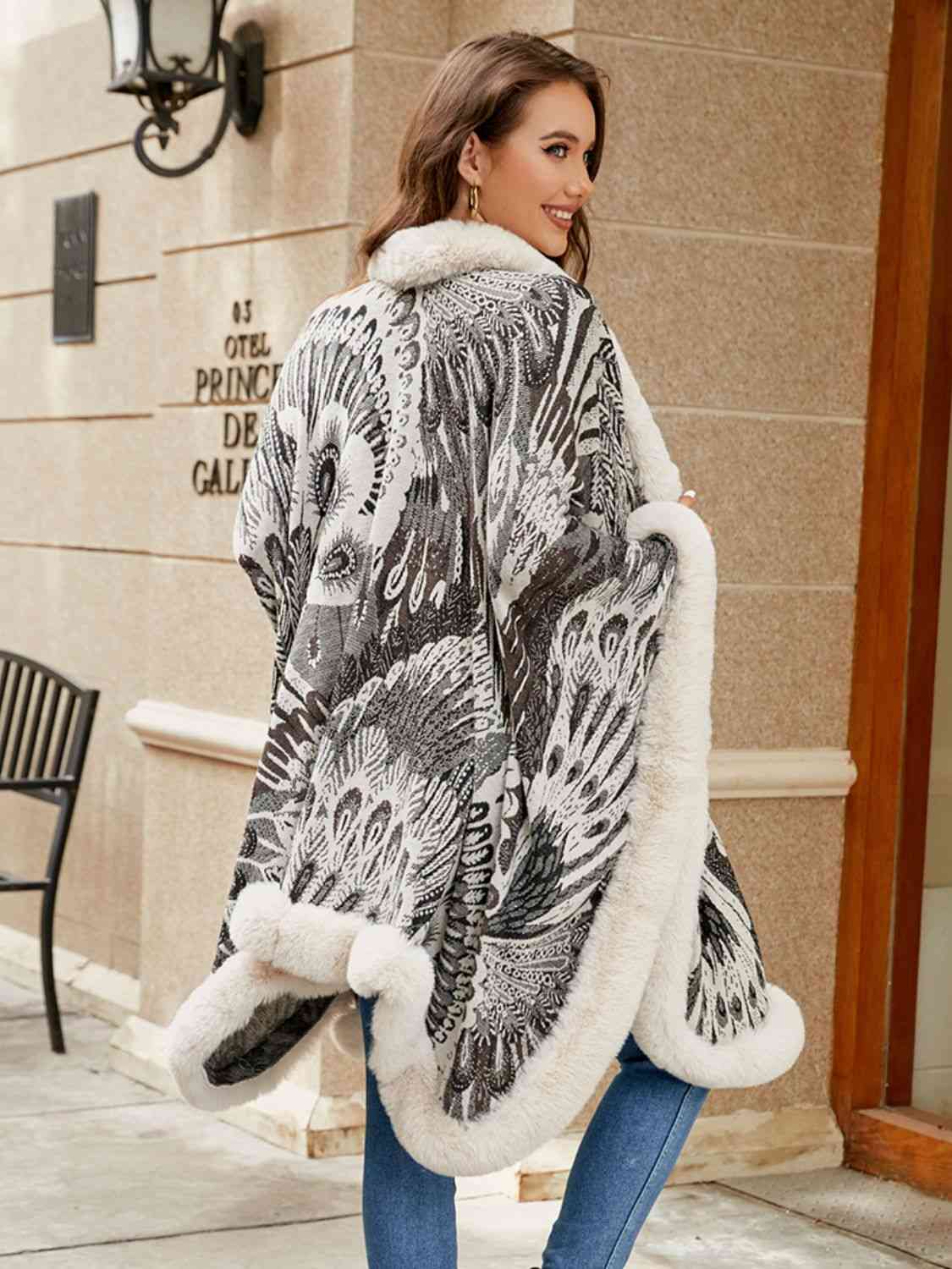 Printed Open Front Poncho | Casual Woman's Acrylic Poncho With Fur Detail