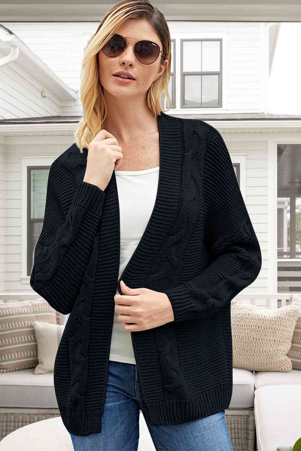 Cable-Knit Open Front Long Sleeve Cardigan