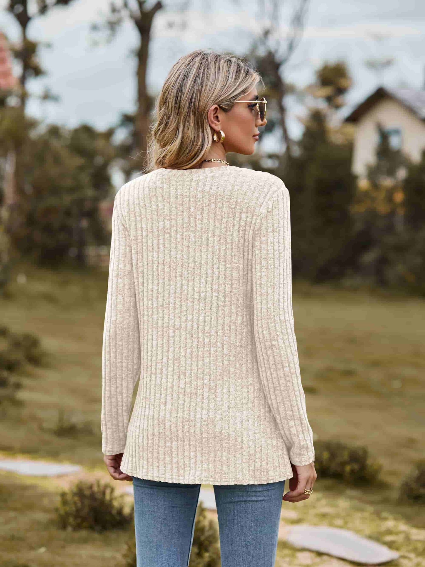 Ribbed Round Neck Long Sleeve Tee | Casual Heathered Solid Polyester Top