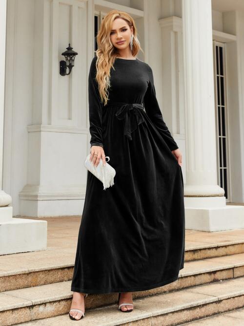 Tie Front Round Neck Long Sleeve Maxi Dress | Evening Solid Polyester Dress