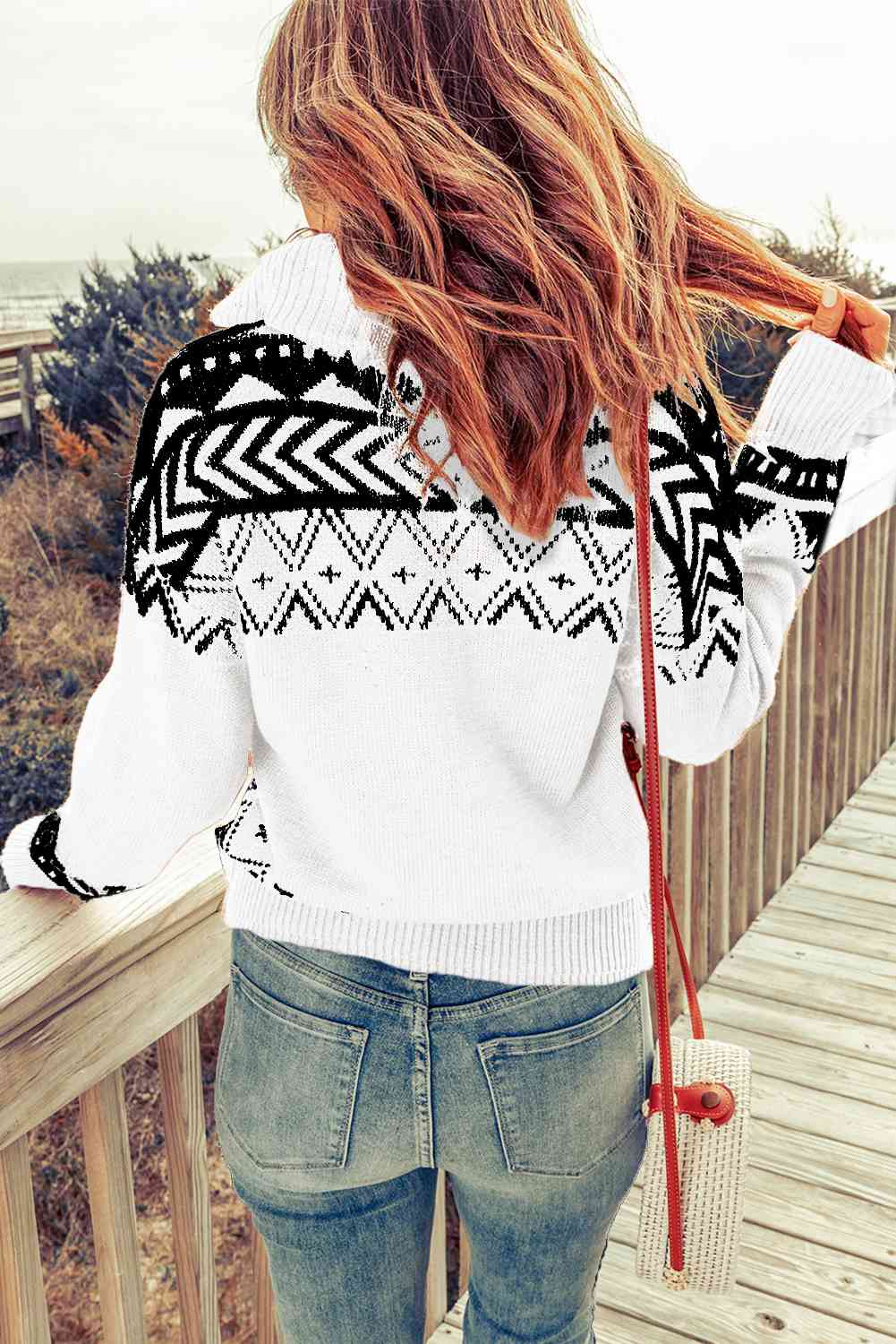 Zip-Up Mock Neck Dropped Shoulder Pullover Sweater | Casual Printed Sweater