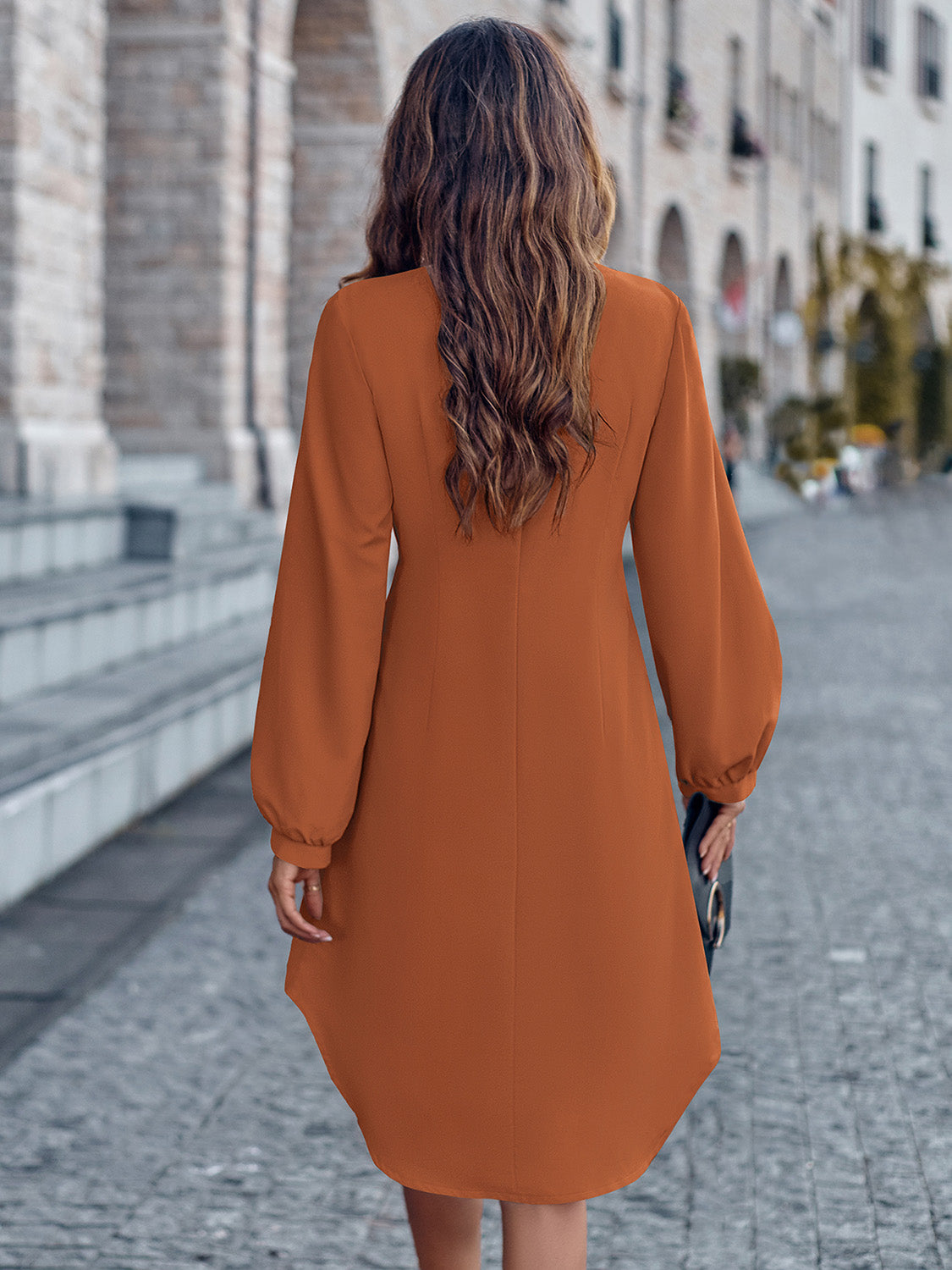 Notched Neck Long Sleeve Dress | Casual Polyester Dress With Button Closure
