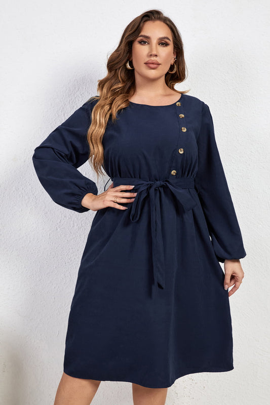 Plus Size Buttoned Tie Belt Round Neck Long Sleeve Dress