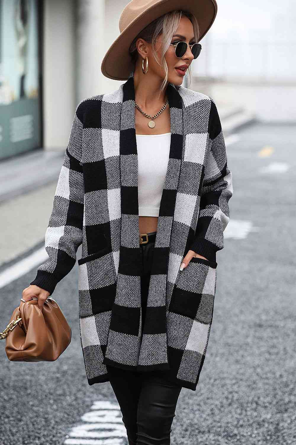 Plaid Dropped Shoulder Cardigan with Pocket | Checkered Open Frond Cardigan
