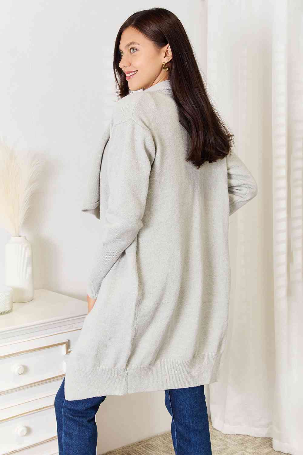 Double Take Open Front Duster Cardigan with Pockets | Cardigan With Ribbed Hem