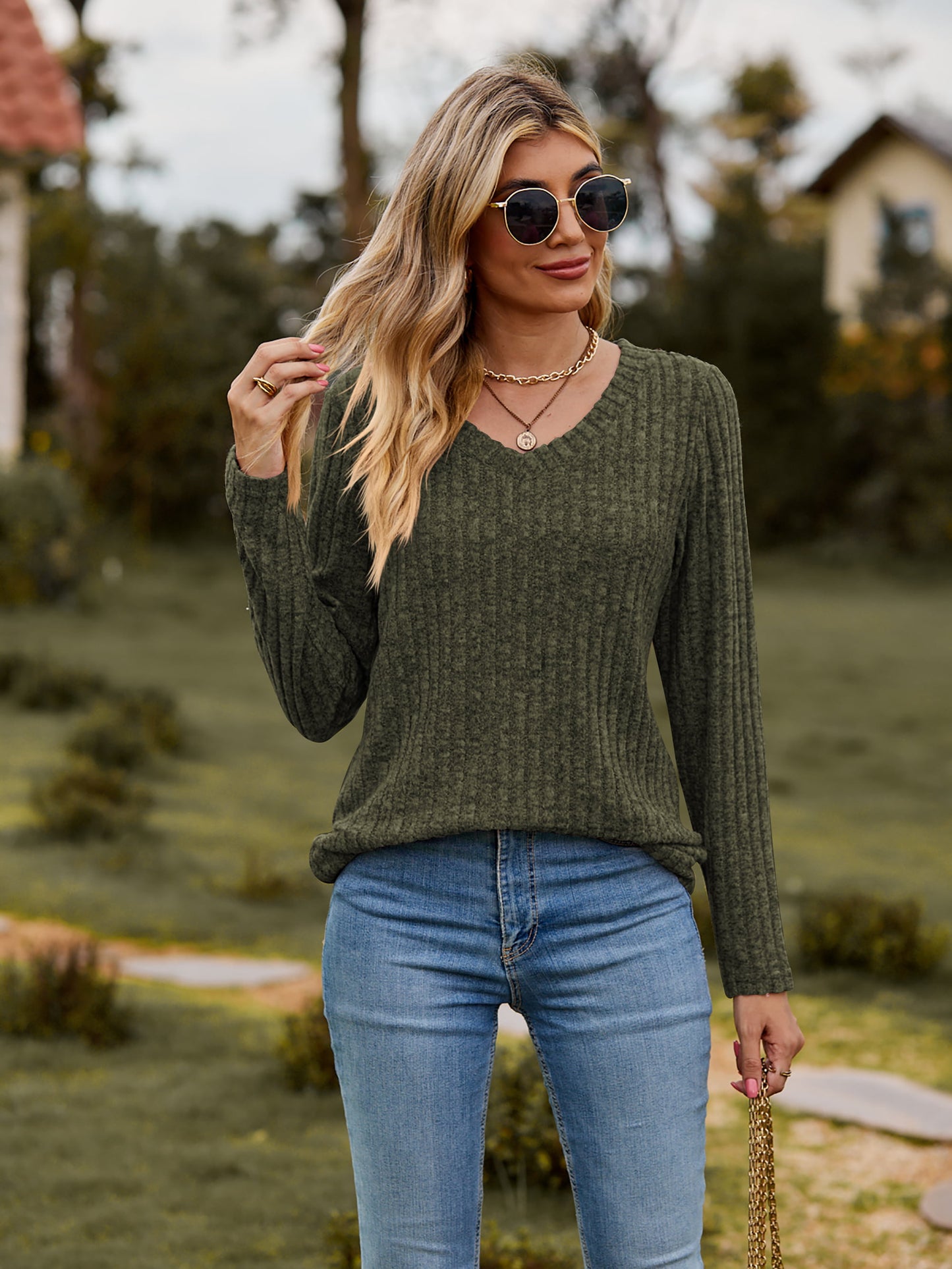 Ribbed V-Neck Long Sleeve Tee | Casual Polyester Tee With Heathered Pattern