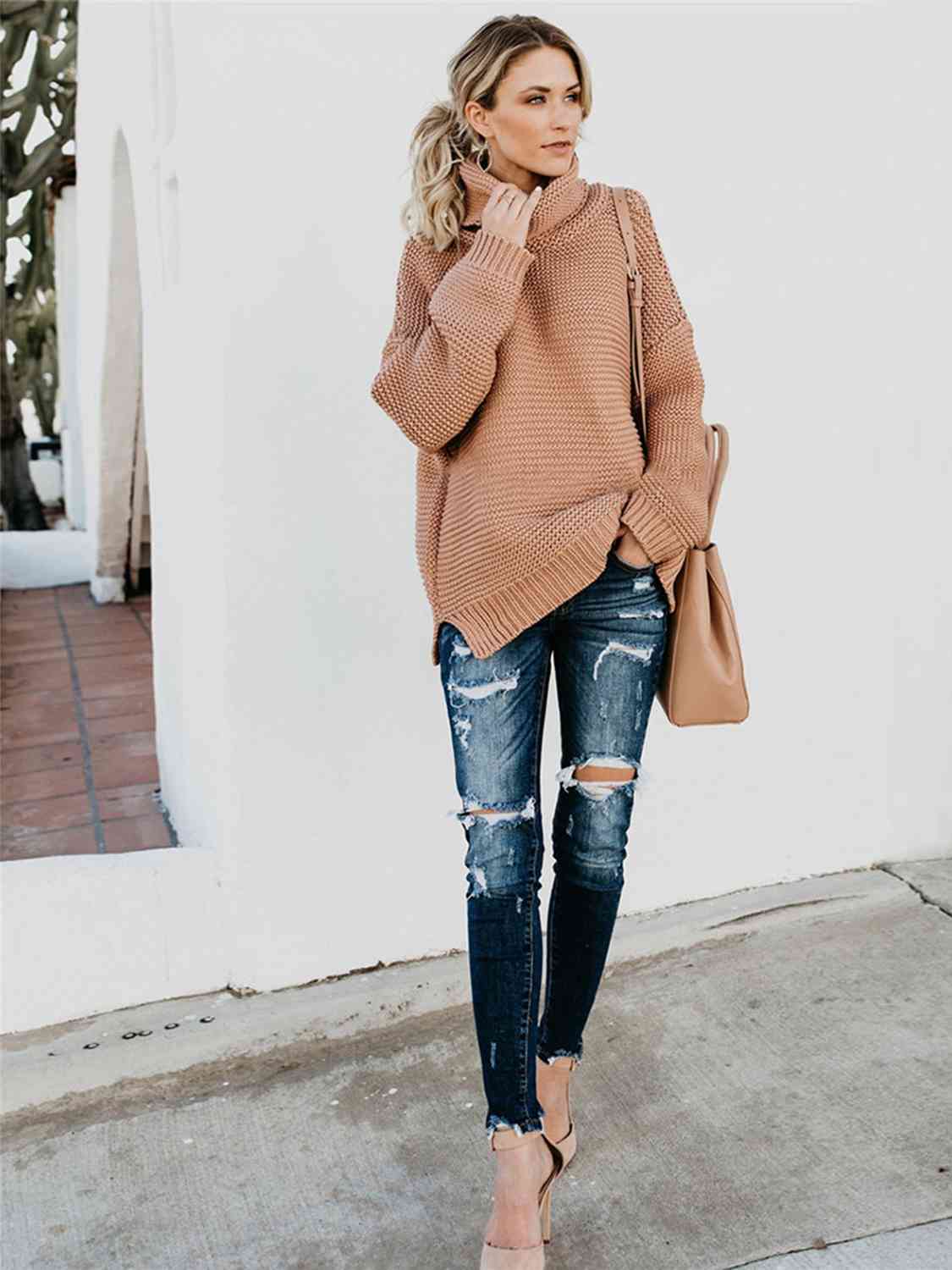 Turtleneck Dropped Shoulder Slit Sweater | Fashionable Knitted Acrylic Sweater