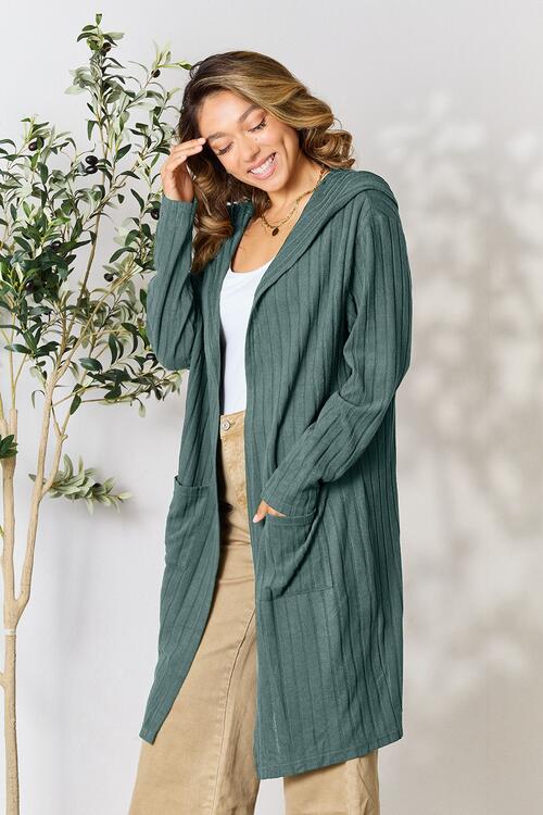 Basic Bae Full Size Ribbed Open Front Long Sleeve Cardigan | Hooded Cardigan