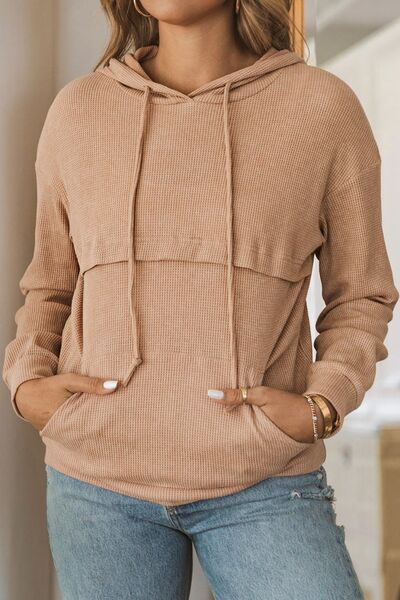 Waffle-Knit Drawstring Kangaroo Pocket Hoodie | Casual Hoodie With Ribbed Cuffs