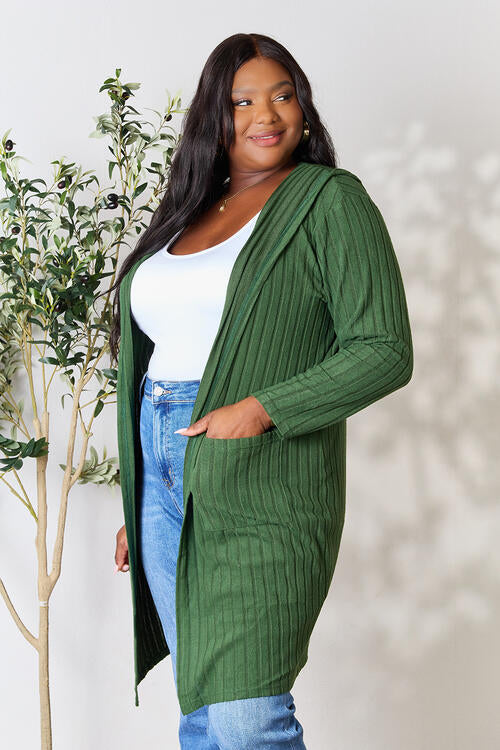 Basic Bae Full Size Ribbed Open Front Long Sleeve Cardigan | Hooded Cardigan