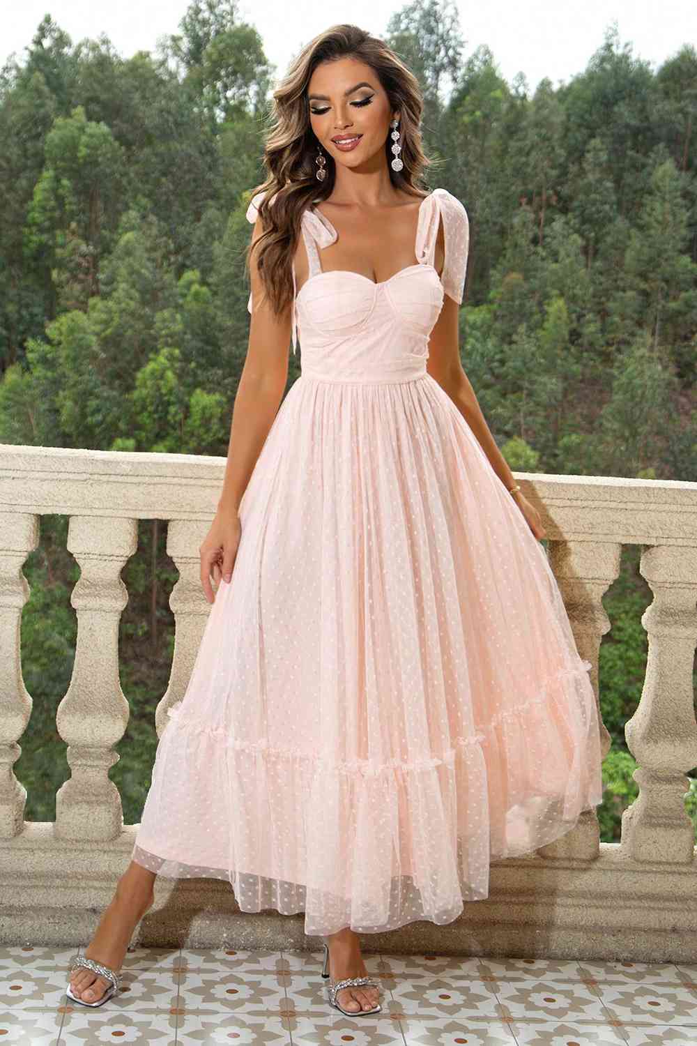 Tie-Shoulder Sweetheart Neck Dress | Formal Sleeveless A-Line Polyester Dress